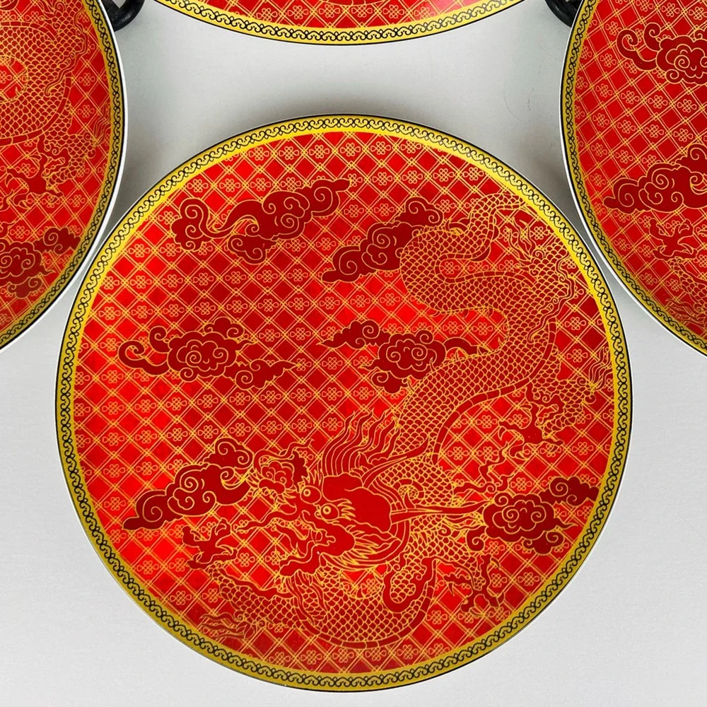 Williams Sonoma Lunar Dinner Plates SET OF 4 Dragon Red Gold 10 3/4